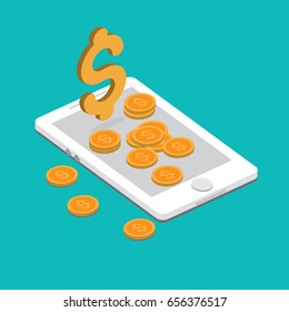 Smartphone showing win dollar coin design on screen.isometric