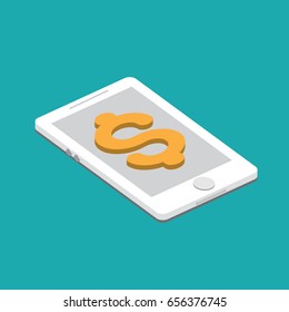 Smartphone showing win dollar design on screen.isometric