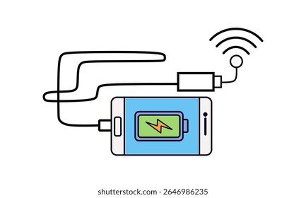 Se muestra un teléfono inteligente cargándose con un icono de relámpago en su batería. Un cable lo conecta a un dispositivo que emite una señal inalámbrica, lo que indica conectividad durante el Recargo.