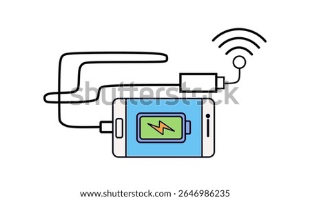 A smartphone is shown charging with a lightning bolt icon in its battery. A cable connects it to a device emitting a wireless signal, indicating connectivity during charge.