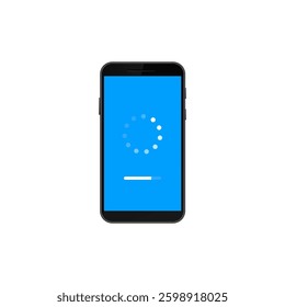 Smartphone shows a blue screen with a circular loading icon. indicates progress status with a bar.
