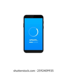 Smartphone shows a blue screen with a loading animation, indicating software update progress.