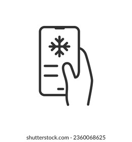 Smartphone shows cold temperatures, linear icon. Weather, temperature monitoring. Line with editable stroke