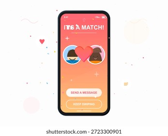 Un smartphone muestra una pantalla de App de citas celebrando un partido entre los usuarios. Los gráficos y las opciones coloridas fomentan la interacción y la comunicación entre los usuarios.