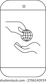 Un smartphone muestra una mano pasando un globo a otra mano en un fondo blanco