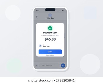 A smartphone shows a payment confirmation screen. It indicates that a payment was sent successfully, along with the transaction ID and amount.
