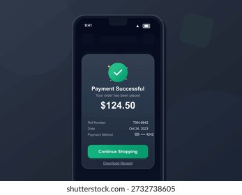 Un smartphone muestra una pantalla de confirmación de pago. La pantalla muestra el importe del pedido de $124.50, el número de referencia, la fecha y el método de pago. El usuario puede continuar comprando.