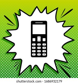 Smartphone sign. Black Icon on white popart Splash at green background with white spots. Illustration.