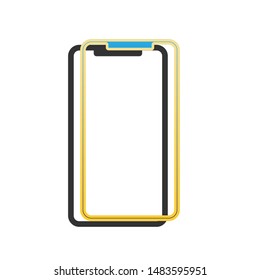 Smartphone sign. Blue icon with gold contour with dark gray shadow at white background. Illustration.