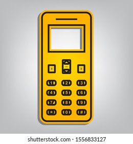 Smartphone sign. Flat orange icon with overlapping linear black icon with gray shadow at whitish background. Illustration.