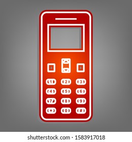Smartphone sign. Flat red icon with linear white icon with gray shadow at grayish background. Illustration.