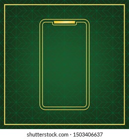 Smartphone sign. Golden icon with gold contour at dark green gridded white background. Illustration.