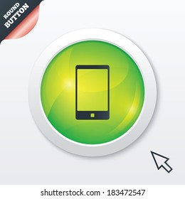 Smartphone sign icon. Support symbol. Call center. Green shiny button. Modern UI website button with mouse cursor pointer. Vector
