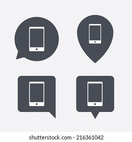 Smartphone sign icon. Support symbol. Call center. Map pointers information buttons. Speech bubbles with icons. Vector