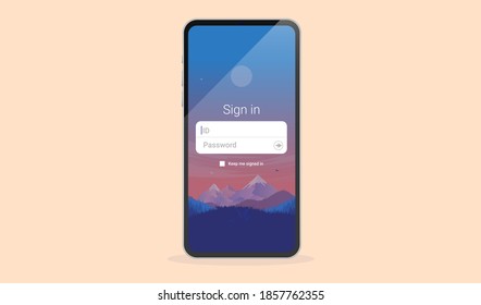 Smartphone sign in screen - Brand new phone with welcome screen ready to be signing in with username and password. Vector illustration. 