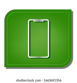 Smartphone sign. Silver gradient line icon with dark green shadow at ecological patched green leaf. Illustration.