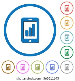 Smartphone signal strength flat color vector icons with shadows in round outlines on white background