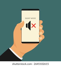 Smartphone in silent mode held by man. Hand holds a smartphone displaying a muted speaker icon with the words Silent Mode