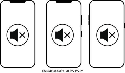 Smartphone with silent mode icon set. Phone signal strength icons. Silent mode sign