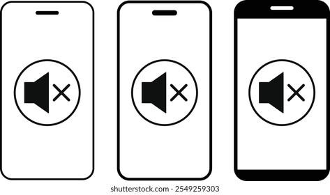 Smartphone with silent mode icon set. Phone signal strength icons. Silent mode sign