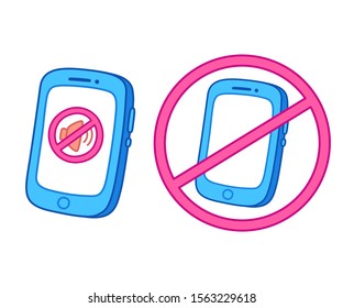 Smartphone in silent mode and warning sign to turn phone off. No sound, silence and telephone ban symbol. Cartoon style vector illustration.