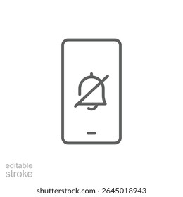 Smartphone Silent Notification Icon Vetor, Símbolo de Silenciamento de Campainha Centralizado na Tela, Design Editável de Contorno de Traço para Desboxe Digital, Modo de Foco e Interface Móvel Sem Distração