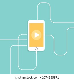 Smartphone silhouette with cords and play button.   flat vector icon isolated on white.  video tutorial button. online media player symbol. Good for web and mobile design. 