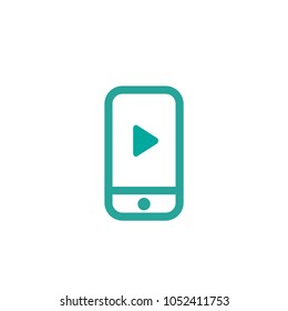  Smartphone silhouette with play button. simple icon.  blue flat vector illustration isolated on white.  video tutorial button. online media player symbol. Good for web and mobile design. 
