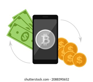 Smartphone with silver bitcoin symbol and arrows showing paper dollars and coins. Cryptocurrency technology and bitcoin exchange. Flat vector illustration