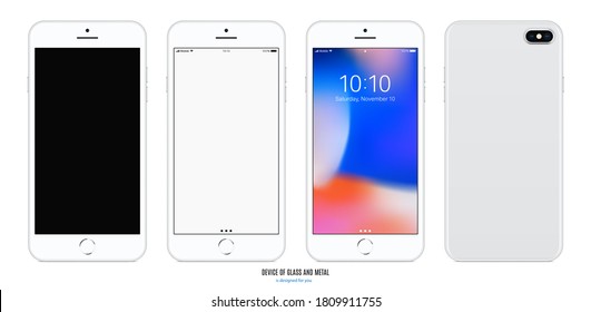 smartphone silver color with black, blank and colored touchscreen saver with backside isolated on white background. realistic and detailed mobile phone mockup. stock vector illustration