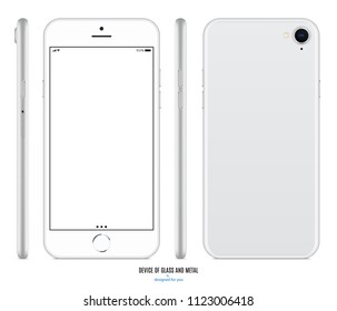 maquillaje de smartphones en color plata al estilo iphone con pantalla en blanco, frontal, posterior y lateral sobre fondo blanco. peajes de ilustración vectorial10