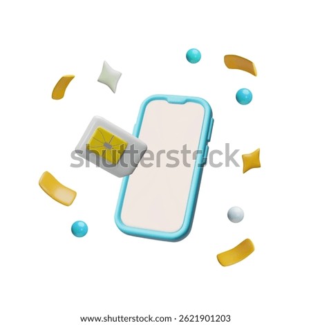 Smartphone with sim card 3D plastic style vector illustration. Wireless GSM equipment for mobile phone. Festive design with serpentine. Subscriber identity module. Telecommunication technology