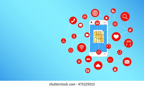 smartphone and sim card with apps icon floating