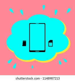 Smartphone and sim card. Black icon in a bubble on a pink background. Vector