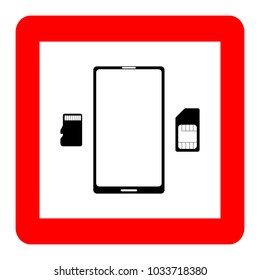 Smartphone sim card and flash drive black on white background, red square sign, vector