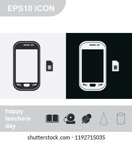 Smartphone with SIM card flat black and white vector icon.