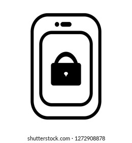 smartphone simple outline icon flat style with lock on screen isolated on white background