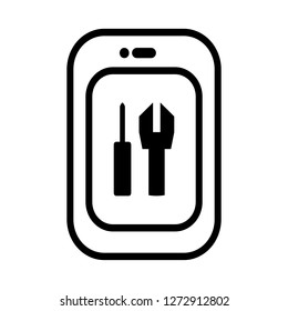 smartphone simple outline icon flat style with screwdriver and wrench on screen isolated on white background
