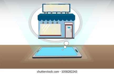 smartphone and the simulation store in blue color. you can fill detail by yourself