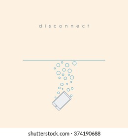 Smartphone sinking under water. Disconnected theme motivational poster. Waterproof technology. Eps10 vector illustration.