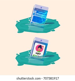 Smartphone sinking in the water while working. waterproof and no waterproof. vector illustration