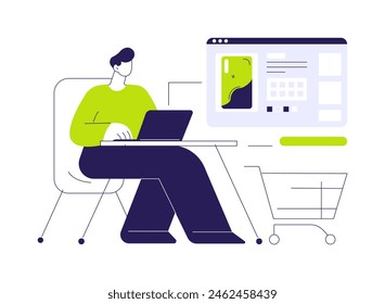 Smartphone skins abstract concept vector illustration. Man with laptop makes order online, buying custom phone skins, mobile technology, creative gadgets accessories abstract metaphor.