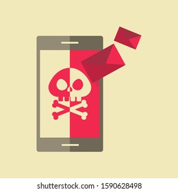 Smartphone, skull crossbones and envelope illustration. Concept of spam email and phishing. Flat style. 