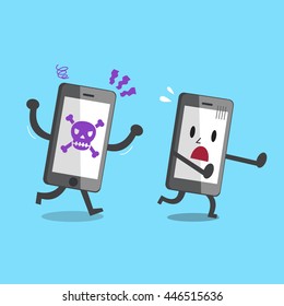 Smartphone with skull icon running to catch another smartphone