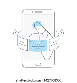 Smartphone with slider on the display, cartoon character chooses users profile, profile resume with photo and building a customer profile in a mobile application. Flat linear vector illustration.