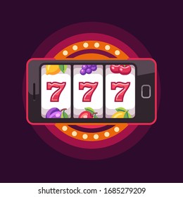 Smartphone with a slot machine on screen. Online slot game flat illustration on red background