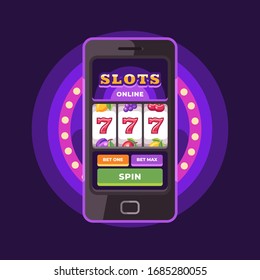 Smartphone mit Slots-Spiel auf dem Bildschirm. Online-Casino-Wohnung auf violettem Hintergrund