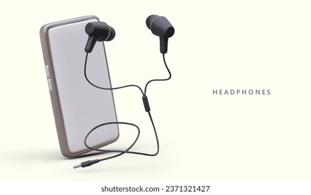 Smartphone with small, wired headphones. Earphones. Device for listening to music, podcasts, and talking on phone. Advertising banner for store of mobile gadgets and accessories