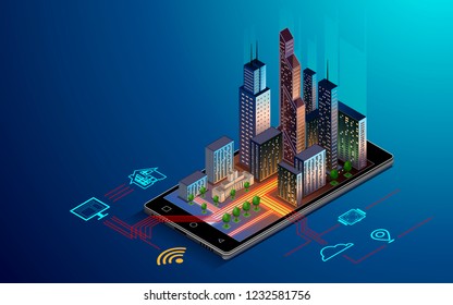 Smartphone with Smart city with smart services and icons, internet of things, networks and augmented reality concept , night city .