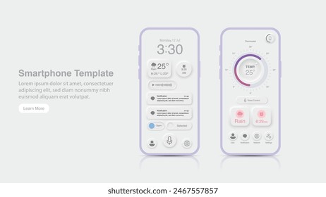 Smartphone and Smart Device Controlled Smart Home Apps: Intuitive UIUX, IoT Home Automation for Air, Temperature, Heating, and Voice Control. Vector Illustration.